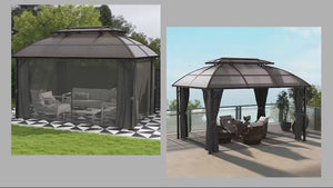 4 x 3m Polycarbonate Gazebo with Aluminium Frame & Double Roof, for Yard, Patio, Brown