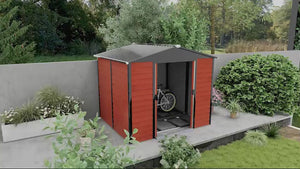 8' x 7' Outdoor Storage Shed, Easy to Assemble, Upgraded Galvanized Metal Garden Shed with Lockable Doors, Floor Frame and Gloves for Backyard, Lawn, Patio, Teak