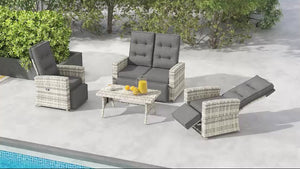 4 Pieces Patio Wicker Sofa Set w/ Loveseat, Reclining Armchairs & Glass Top Table, Light Grey