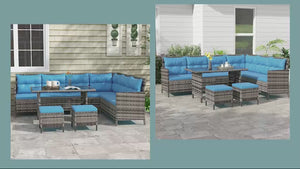 6pcs Outdoor Rattan Sofa Set, Wicker Sectional Couch Furniture Set w/ Dining Table, Blue