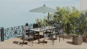 6 Seater Garden Dining Set, Stackable Armchairs and Wood-like Top Table, Space-Saving Outdoor Table and Chairs with Breathable Mesh Seat, Garden Furniture Set, Grey