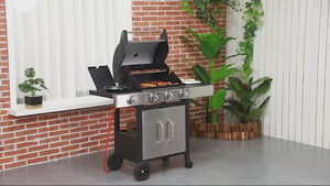 3+1 Burner Gas Grill with Side Burner & Storage Cabinet, Stainless Steel + Metal