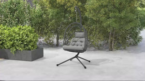 Foldable Rattan Hanging Egg Chair w/ Cushion, Headrest & Metal Stand for Patio, Light Grey