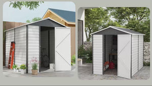 9 x 6FT Outdoor Metal Storage Shed with Window, Lockable Door for Yard, Patio, Lawn, Dark Grey