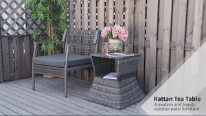 Wicker Patio Bistro Side Table with Umbrella Hole & Storage Space for Balcony, Grey