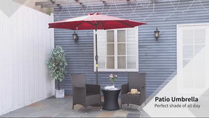 9ft Solar Patio Umbrella Outdoor Sunshade 24 LED Lights Tilt Canopy, Wine Red