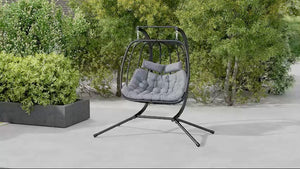 2 Seaters Rattan Swing Chair with Thick Padded Cushion, Headrest & Metal Stand, Black