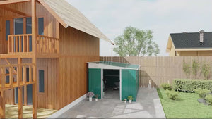 11 x 9ft Lean to Metal Garden Shed, Tool Storage House w/ Double Sliding Doors & 2 Air Vents, Green