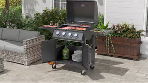 4 Burner Gas BBQ Grill with Storage Cabinet & Thermometer, Carbon Steel, Black