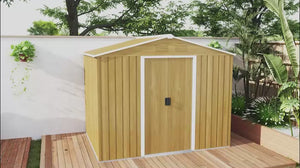 7.7 x 5.7ft Metal Garden Shed, Tool Storage House with Ventilation Slots & Sliding Doors, Brown