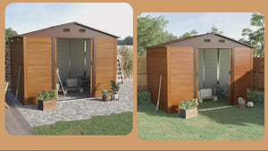 9 x 6ft Large Metal Garden Shed, Storage Tool House with Double Sliding Doors & Shutter Vents, Brown