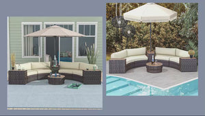 8PC Outdoor Conversation Set w/ 4 Rattan Sofa Chairs, 4 Tables & Umbrella Hole, Mixed Brown