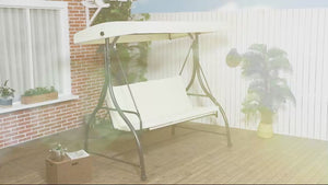 3 Seater Canopy Swing Chair with Adjustable Canopy and Metal Frame, Cream White