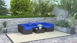 7-Piece Outdoor Wicker Conversation Sets, All Weather PE Rattan Sectional Sofa, Blue