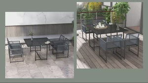 5 Pieces Garden Dining Set, Outdoor Patio Cube Set, 4 Seater Outdoor Table and Chairs with Foldable Backrest, Tempered Glass Top, Handwoven Rope for Poolside, Space-Saving, Dark Grey