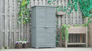 Wooden Garden Shed with 3-Tier Shelves & Asphalt Roof, 34" x 18" x 63", Grey