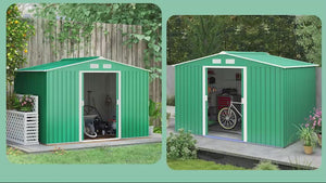 9 x 6ft Metal Garden Shed, Outdoor Tool House with Vents, Foundation Kit & Double Doors, Green