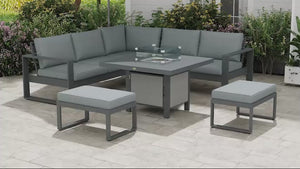 6-Piece Patio Sofa Conversation Set w/ Loveseat, Footstool & Gas Fire Pit Table, Grey