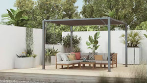 9.5' x 9.7' Outdoor Pergola with Retractable Roof and Ground Stakes, Grey