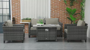 5 Pieces PE Rattan Garden Sofa Set with Gas Fire Pit Table, Loveseat & Armchairs, Grey