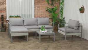 6 Pieces Rattan Garden Furniture Set with Sofa, Armchairs, Stool & Coffee Table, Light Grey