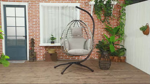 Outdoor Swing Chair with Thick Padded Cushion, Patio Hanging Egg Chair with Metal Stand, Foldable Basket, Cup Holder, Rope Structure for Indoor & Outdoor, Grey