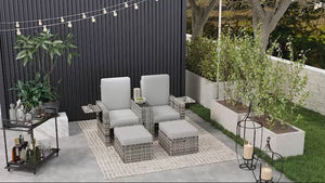 5-Level Adjustable Recliner with Storage Side Table & Footstools for Patio, Poolside, Grey