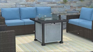 50000 BTU Square Rattan Gas Fire Pit Table w/ Glass Screen, Glass Beads & Lid, 81 x 81 x 64cm, Grey
