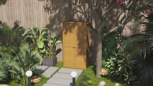 Small Wooden Storage Cabinet w/ 3 Shelves, Asphalt Roof & Shutter Doors, 87x47x160cm, Natural Wood