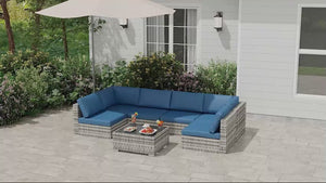 7-Piece Outdoor Wicker Conversation Sets, All Weather PE Rattan Sectional Sofa, Blue