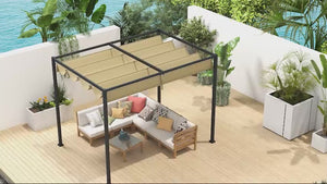 3 x 2m Aluminium Garden Pergola with Retractable Roof & Grommet Holes for Patio, Lawn, Khaki