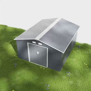 9' x 11' Metal Garden Storage Shed with Foundation Kit & Double Doors, Light Grey