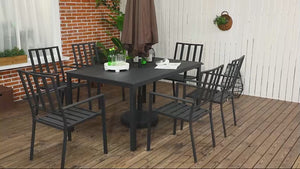 7 Pieces Garden Dining Set, Outdoor Patio Table and 6 Stackable Chairs, Metal Top Table with Umbrella Hole, Black