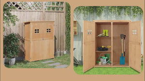 Wooden Tool Storage Cabinet w/ 2 Windows & Double Door, for Garden, Patio, 127.5x 50x164cm, Natural
