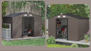 9 x 6ft Metal Garden Shed, Outdoor Tool House with Vents, Foundation Kit & Double Doors, Brown