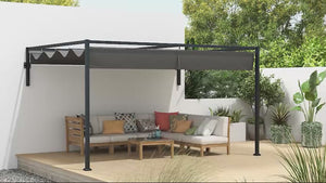 3 x 4m Lean To Pergola with Retractable Roof, Wall Mounted Garden Gazebo, Dark Grey