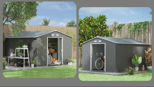 9' x 11' Metal Garden Storage Shed with Foundation Kit & Double Doors, Light Grey