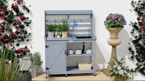 Outdoor Wooden Potting Bench w/Sink and Water Tap,Storage Cabinet & Drawer Shelves, Gray