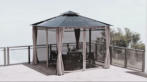 9' x 10' Outdoor Gazebo Canopy with Polycarbonate Roof, Nettings and Curtains, Khaki