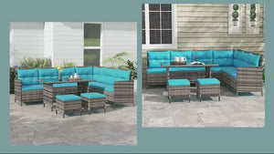 6pcs Outdoor Rattan Sofa Set, Wicker Sectional Couch Furniture Set w/ Dining Table, Sky Blue