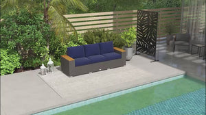 3-Seat Rattan Patio Couch with Cushions and Wood Grain Wide Armrests, Navy Blue