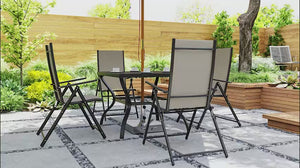 5 Pieces Garden Dining Set, 4 Seater Garden Furniture Set with Parasol Hole, Outdoor Dining Set with High Back Folding Chairs and Square Metal Top Table for Outdoor Patio, Khaki