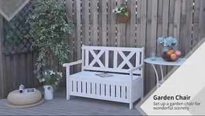 2-Person Patio Wooden Storage Bench with Louvered Side Panels & X-Shape Back, White