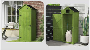Wooden Storage Cabinet, Outdoor Small Shed w/ Shelves, Tilt Roof & Lockable Double Doors, Dark Green