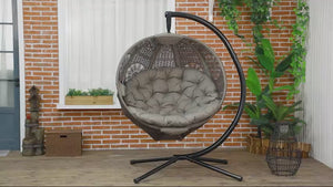 Outdoor Hanging Chair, Swing Chair with Metal Stand, Thick Padded Cushion, Foldable Basket and Side Pocket, for Indoor and Outdoor, Sand