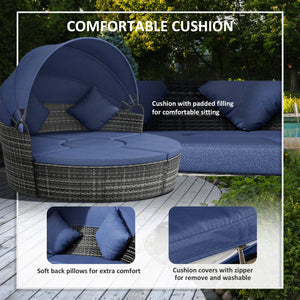 Outsunny 4-Piece Round Convertible Daybed with Cushions, Outdoor PE Rattan Patio Wicker Sofa Set, Sunbed with Adjustable Sun Canopy, Sectional Sofa, 2 Chairs, Table, 3 Pillows, Dark Blue