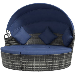 Outsunny 4-Piece Round Convertible Daybed with Cushions, Outdoor PE Rattan Patio Wicker Sofa Set, Sunbed with Adjustable Sun Canopy, Sectional Sofa, 2 Chairs, Table, 3 Pillows, Dark Blue