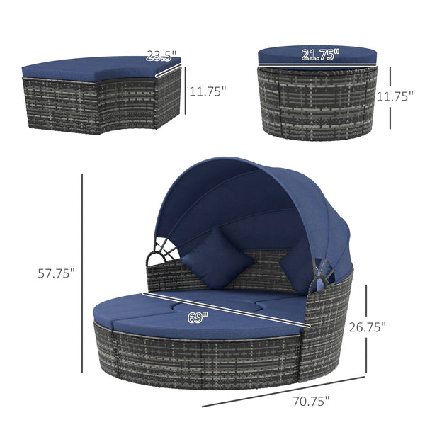 Outsunny 4-Piece Round Convertible Daybed with Cushions, Outdoor PE Rattan Patio Wicker Sofa Set, Sunbed with Adjustable Sun Canopy, Sectional Sofa, 2 Chairs, Table, 3 Pillows, Dark Blue