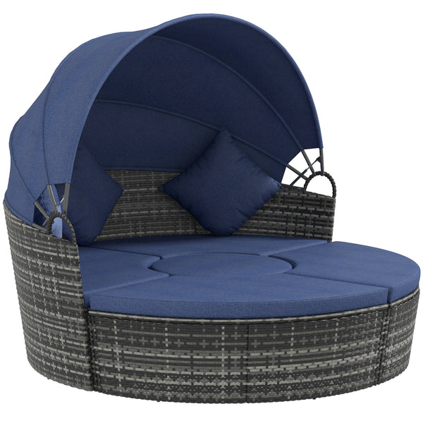 Outsunny 4-Piece Round Convertible Daybed with Cushions, Outdoor PE Rattan Patio Wicker Sofa Set, Sunbed with Adjustable Sun Canopy, Sectional Sofa, 2 Chairs, Table, 3 Pillows, Dark Blue