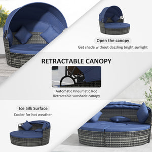 Outsunny 4-Piece Round Convertible Daybed with Cushions, Outdoor PE Rattan Patio Wicker Sofa Set, Sunbed with Adjustable Sun Canopy, Sectional Sofa, 2 Chairs, Table, 3 Pillows, Dark Blue